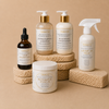 Collection of Tooth beauty hair care products on a beige background